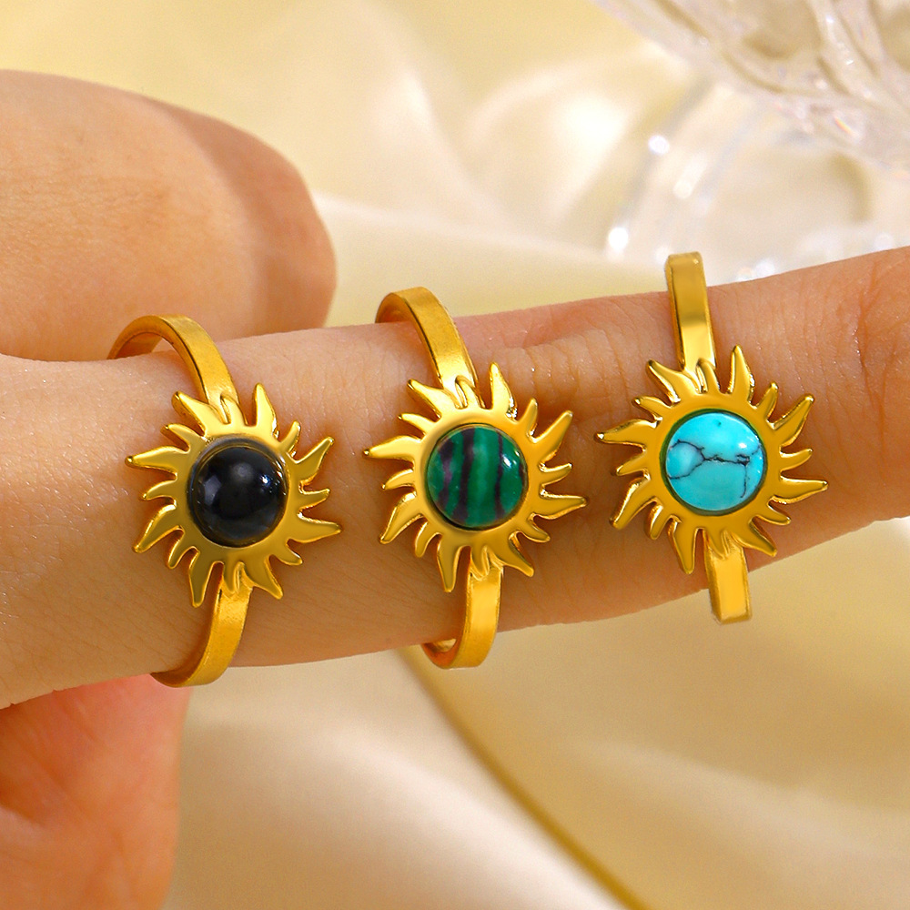 Hip Hop Sunflower Set Natural Stone Stainless Steel Open Ring