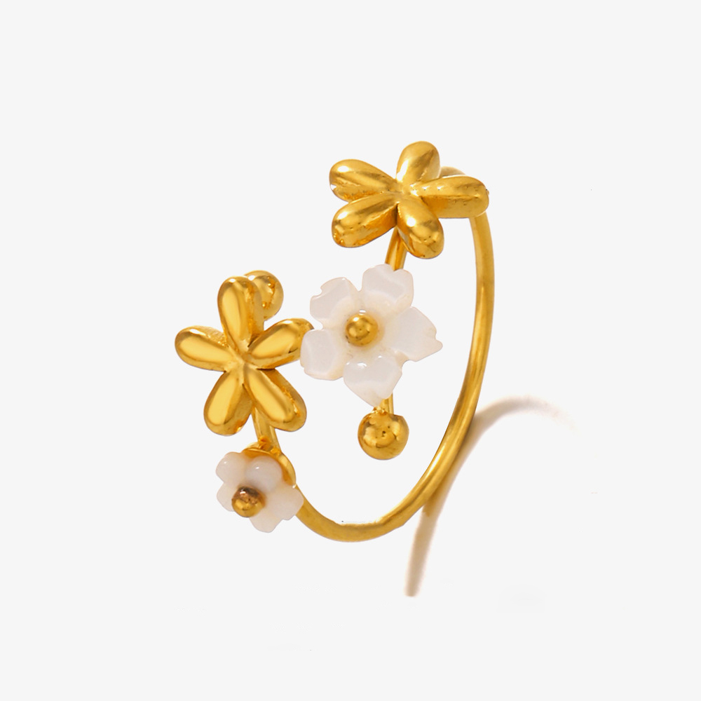 Flower Stainless Steel Bypass Ring with Seashell