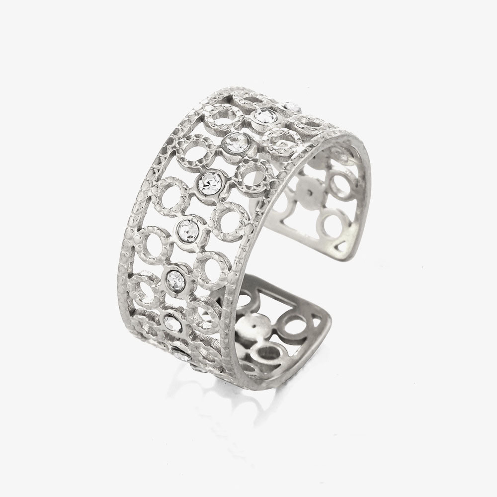 Ins Style Wide Hollow  Stainless Steel Ring with Rhinestones