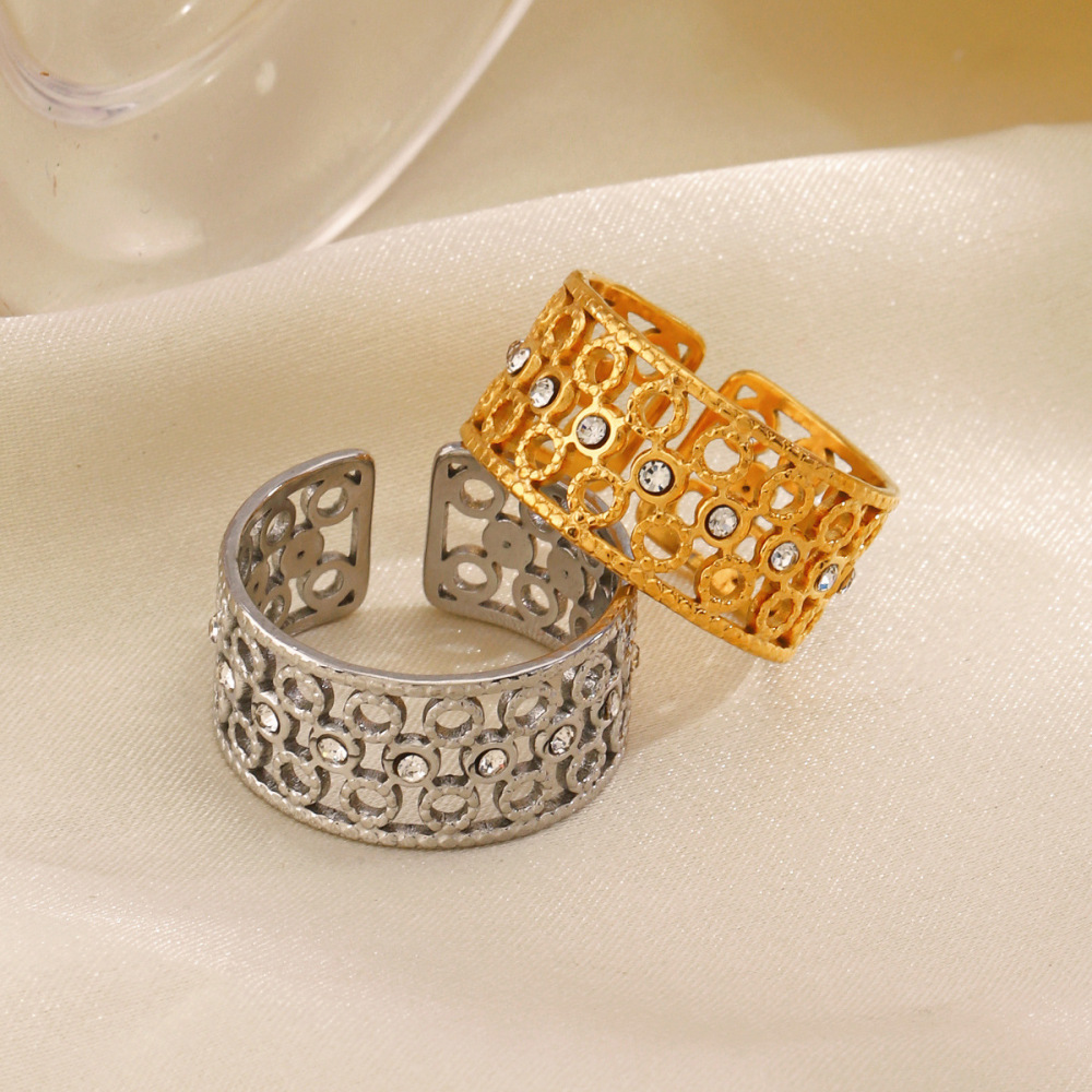 Ins Style Wide Hollow  Stainless Steel Ring with Rhinestones
