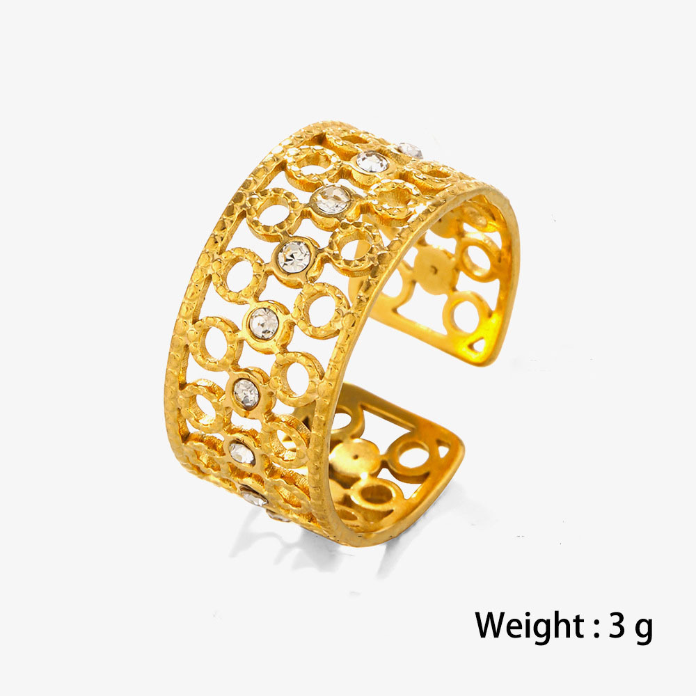 Ins Style Wide Hollow  Stainless Steel Ring with Rhinestones