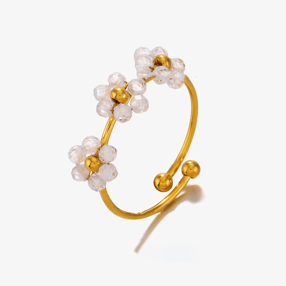 Boho-Chic Natural Stone Flower Stainless Steel Adjustable Ring