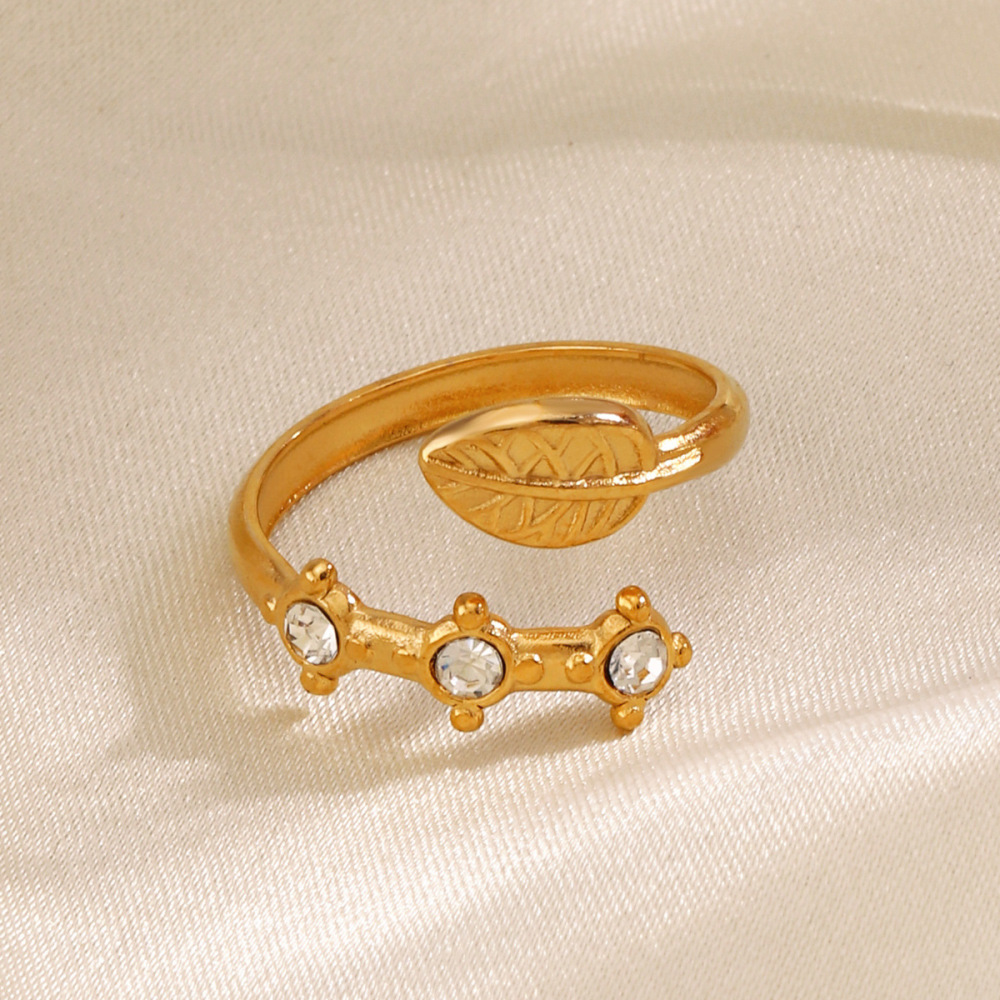INS Style Leaf With Three Rhinestone Stainless Steel Crossover Ring