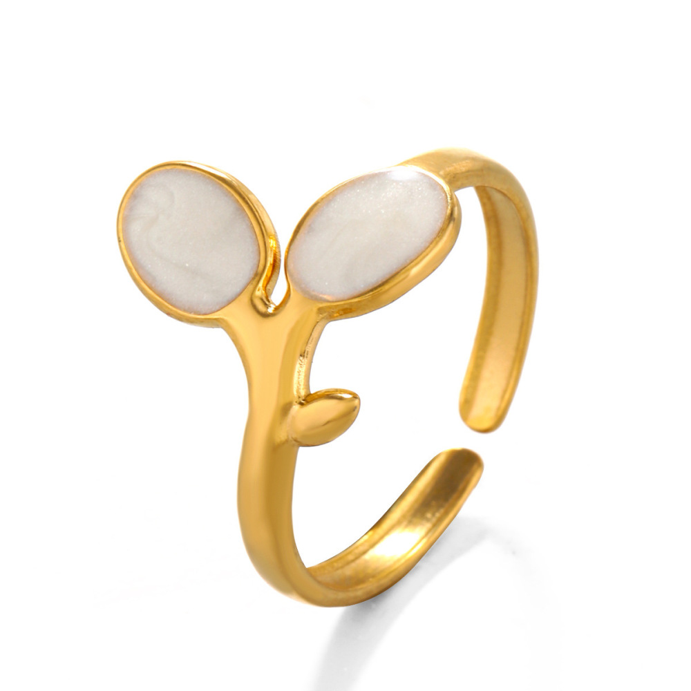 French Leaf Black and White Enamel Stainless Steel Open Ring