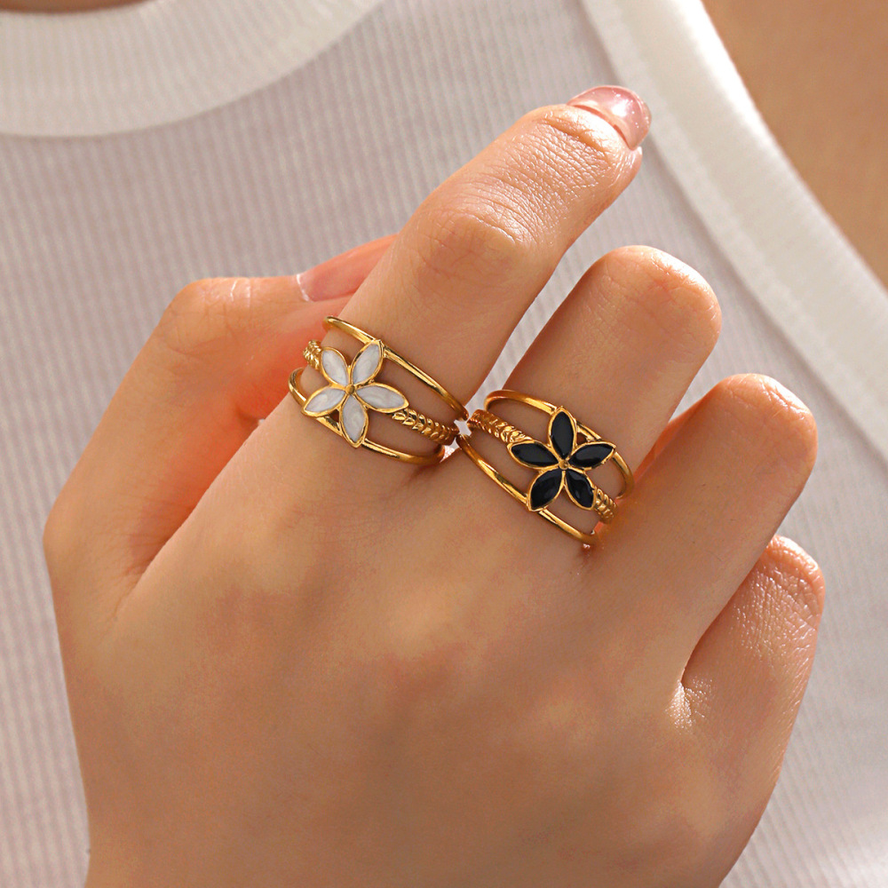 INS Style 18k Gold Floral Enamel Stainless Steel Open  Ring