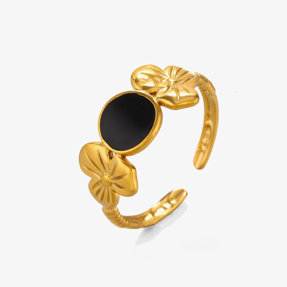 Hip Hop Round Enamel & Floral Stainless Steel Open Ring