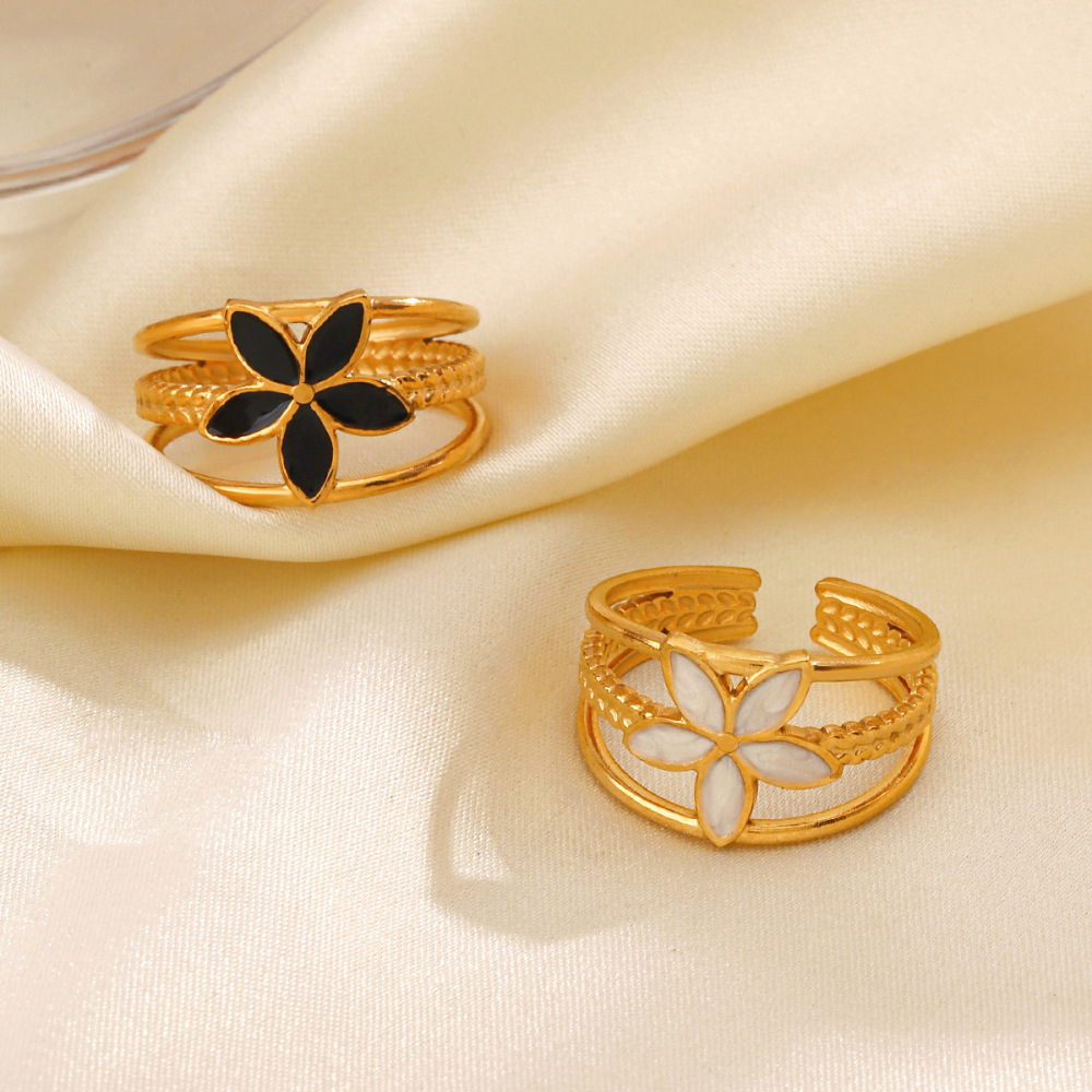 INS Style 18k Gold Floral Enamel Stainless Steel Open  Ring