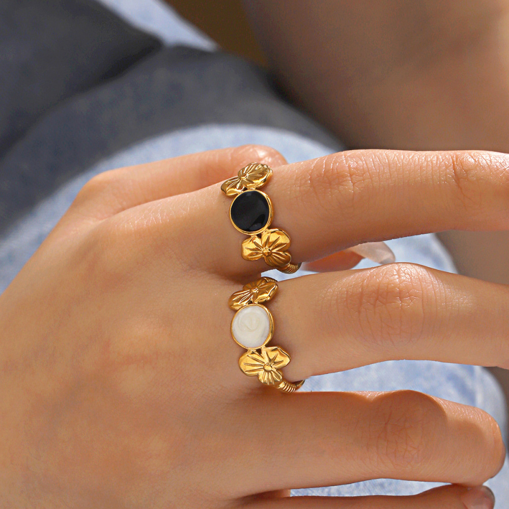 Hip Hop Round Enamel & Floral Stainless Steel Open Ring