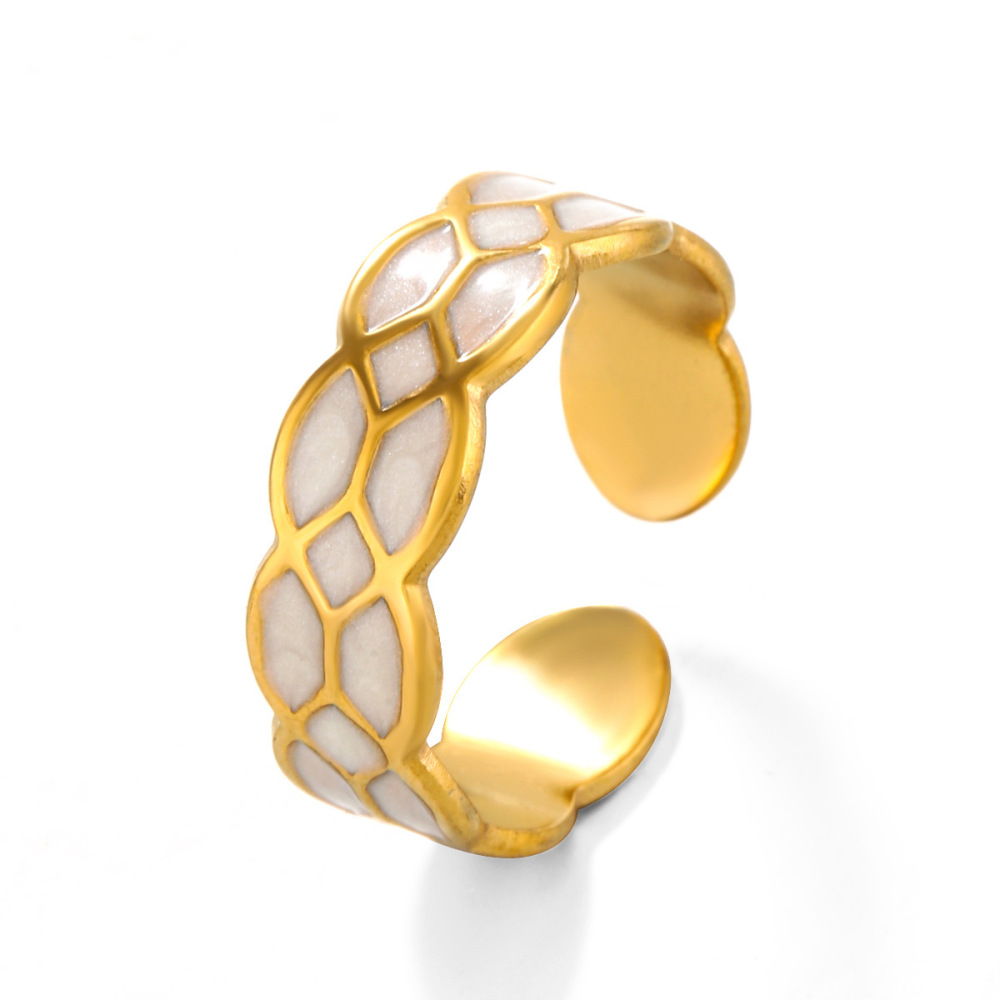 Geometric Black and White Enamel Open Ring in Stainless Steel