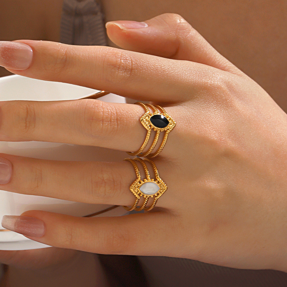 Vintage Rhombus Enamel & 3 Layer Line Stainless Steel Open Ring