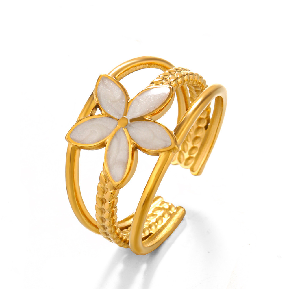 INS Style 18k Gold Floral Enamel Stainless Steel Open  Ring