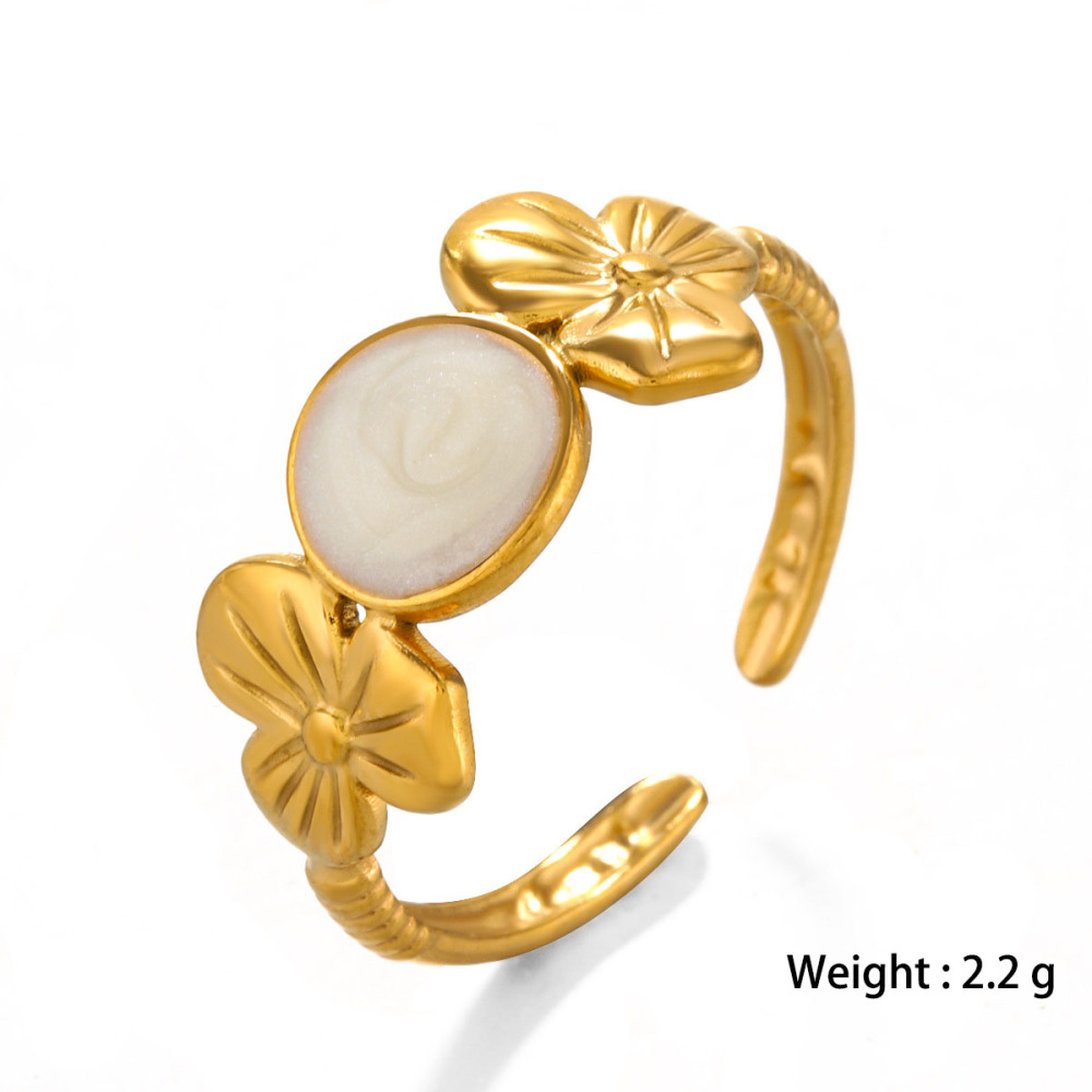 Hip Hop Round Enamel & Floral Stainless Steel Open Ring