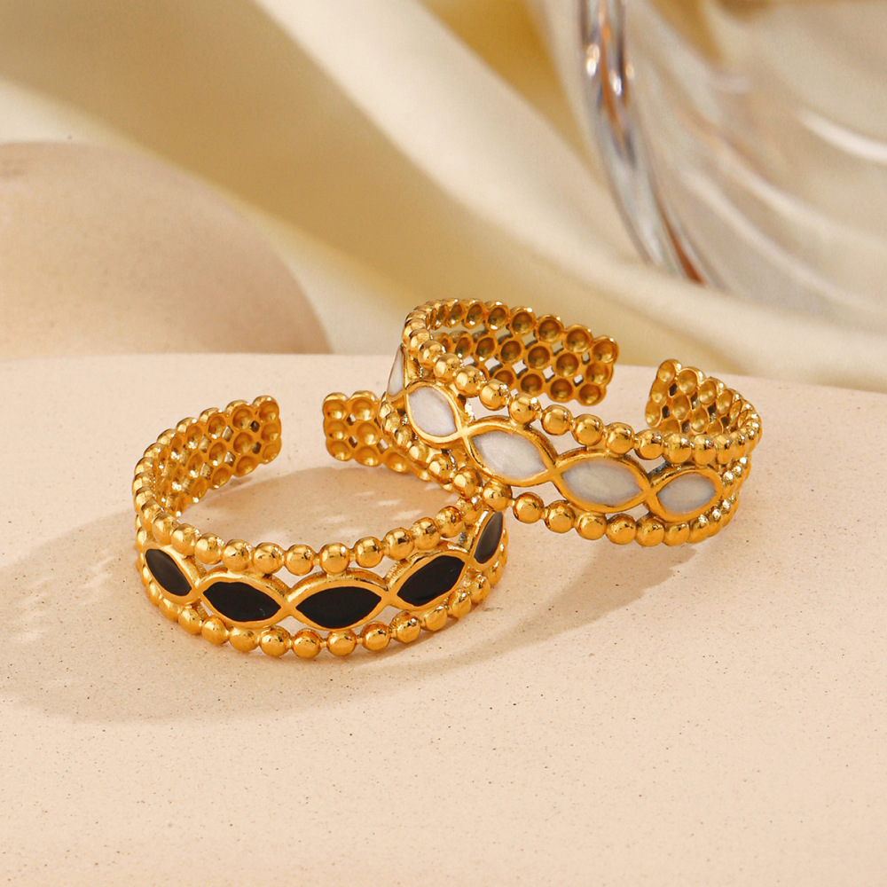 Contemporary Rhombus Enamel and Ball Line Open Stainless Steel Ring