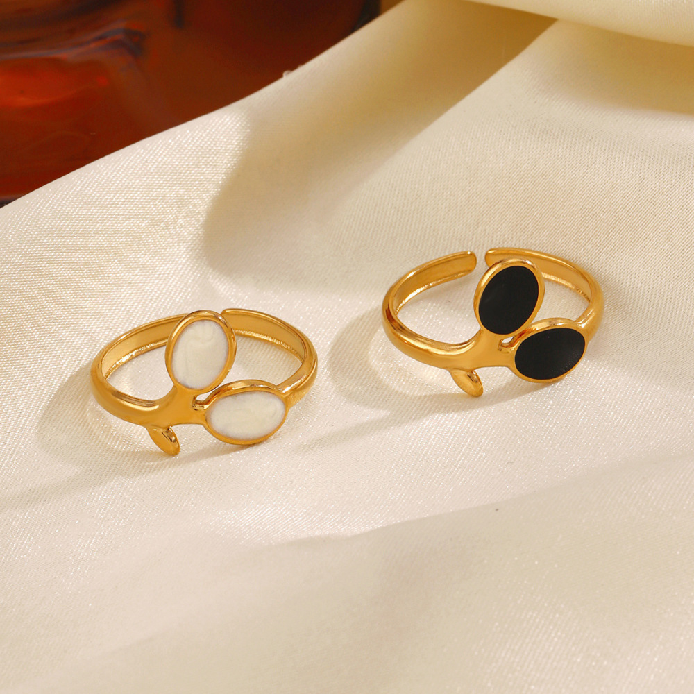 French Leaf Black and White Enamel Stainless Steel Open Ring