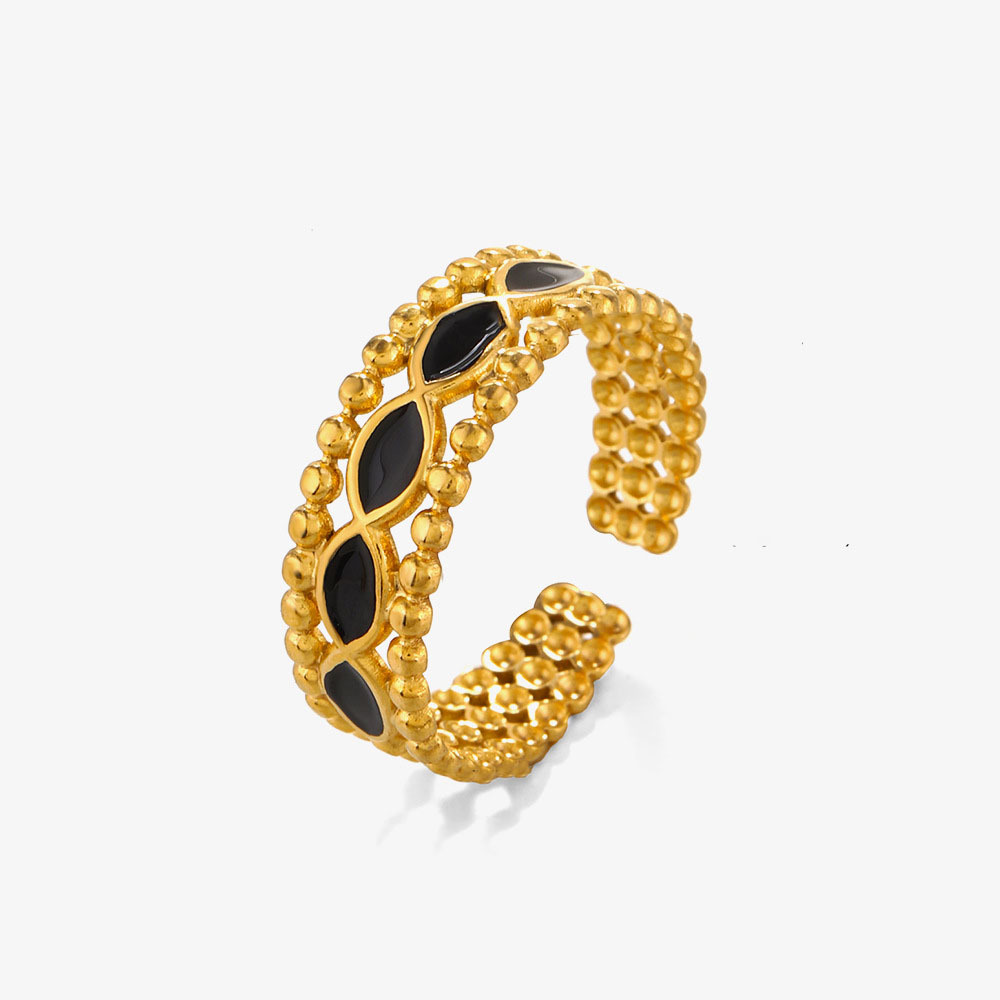 Contemporary Rhombus Enamel and Ball Line Open Stainless Steel Ring