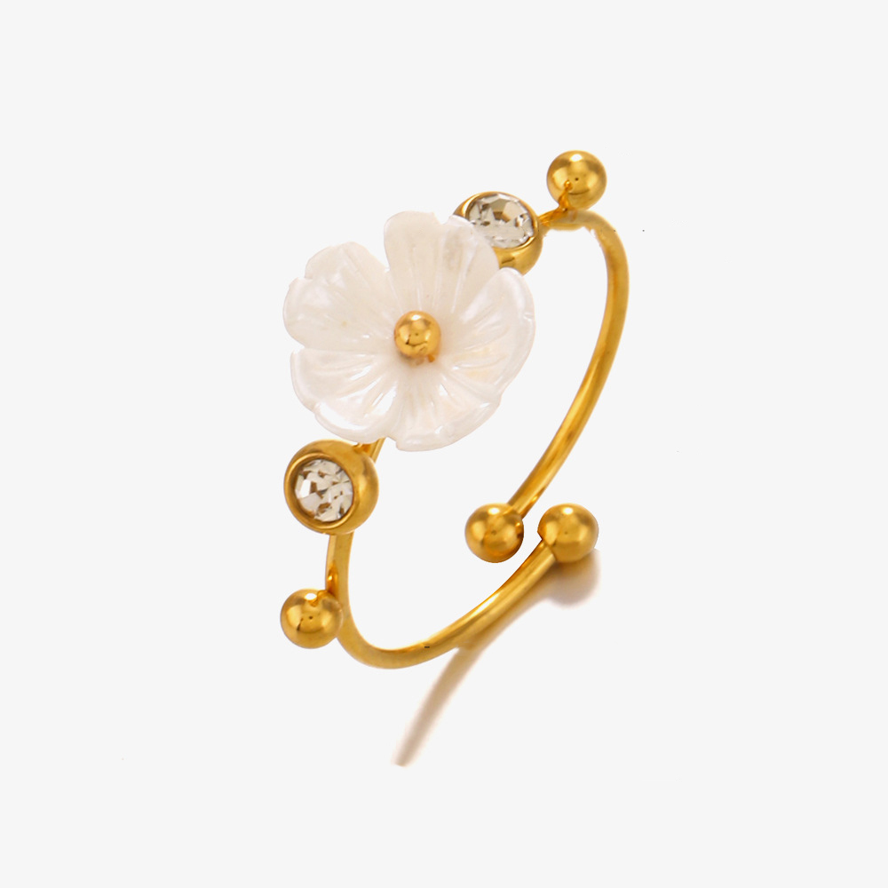 Avant-Garde Shell Flower Stainless Steel Adjustable Ring with Rhinestone