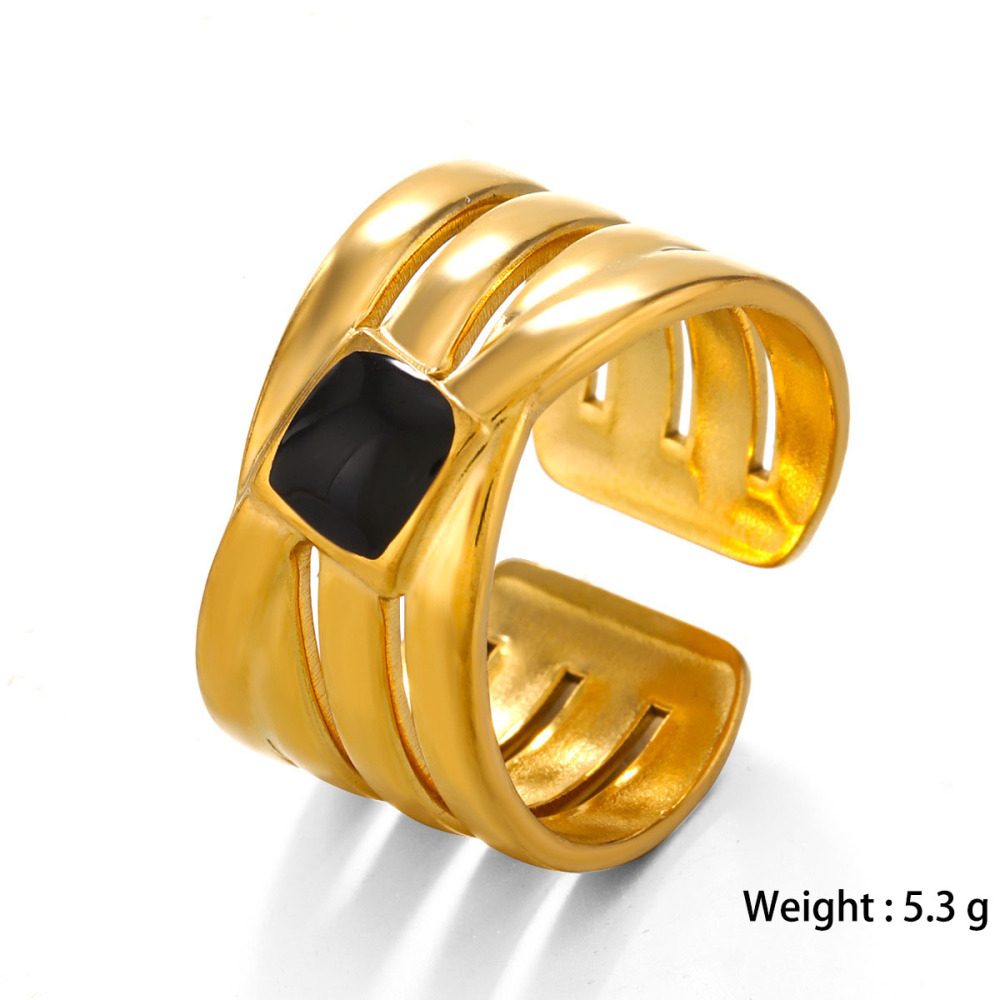 PVD Plated Irregular Lines & Square Enamel Stainless Steel Ring