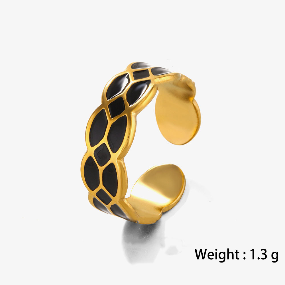 Geometric Black and White Enamel Open Ring in Stainless Steel