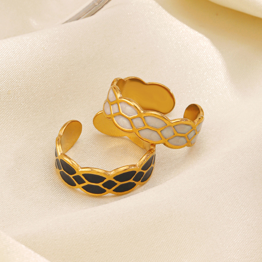 Geometric Black and White Enamel Open Ring in Stainless Steel