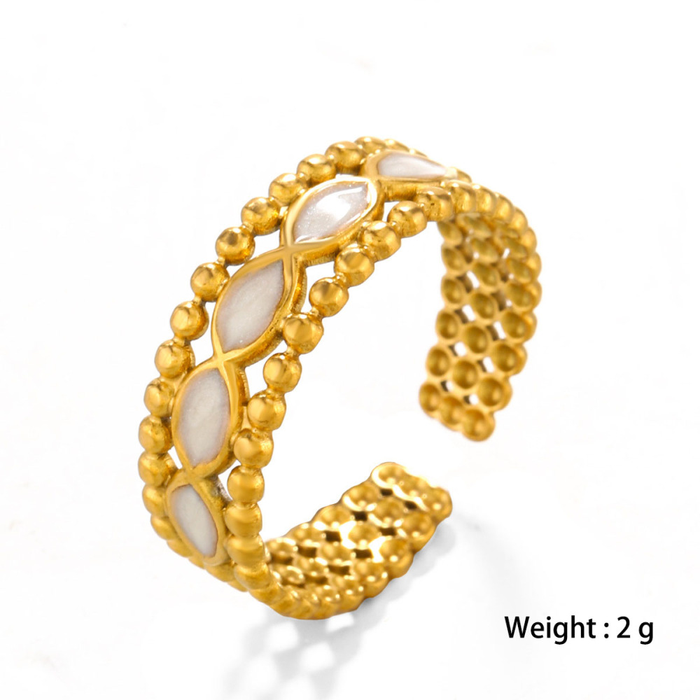 Contemporary Rhombus Enamel and Ball Line Open Stainless Steel Ring