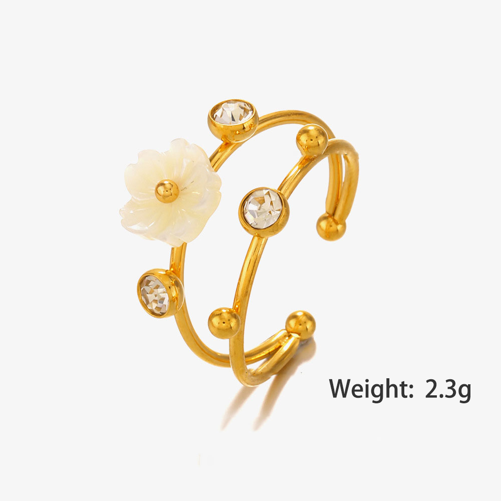 Double Layers studded Rhinestone Stainless Steel Open Ring with Flower Shell