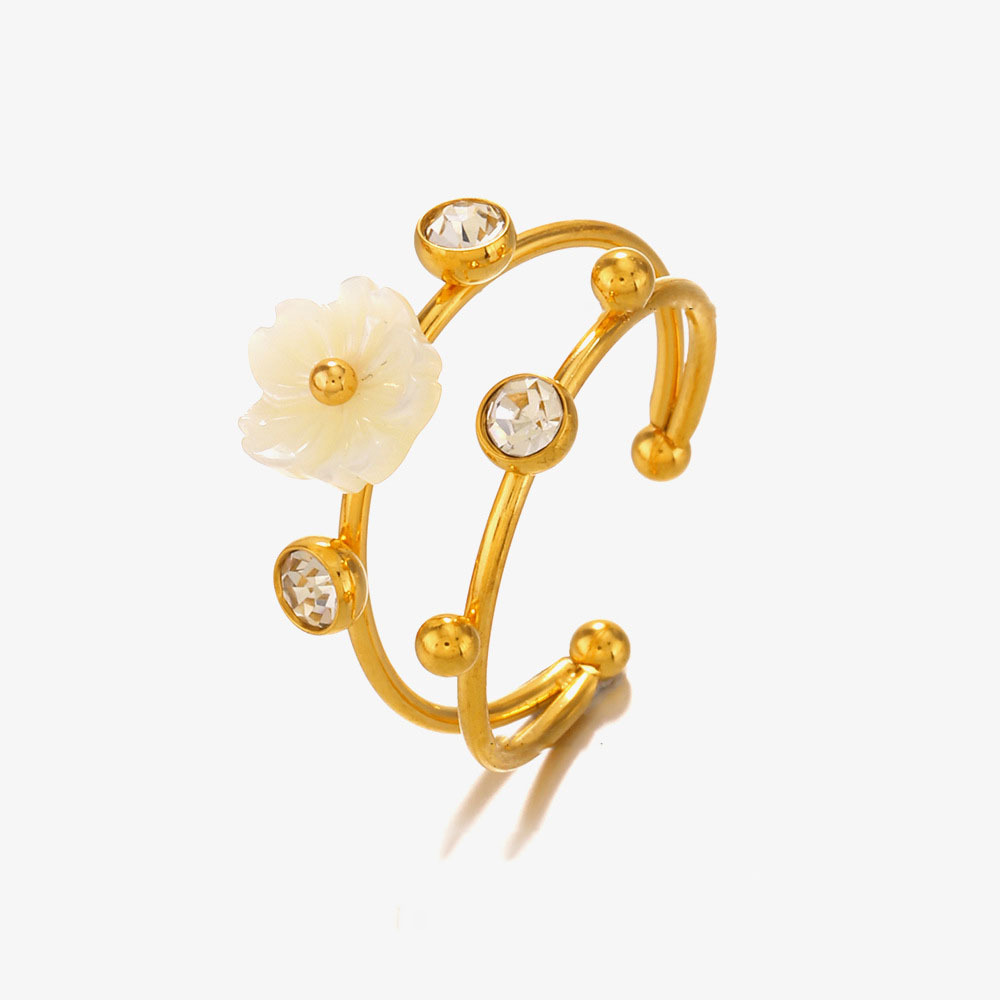 Double Layers studded Rhinestone Stainless Steel Open Ring with Flower Shell