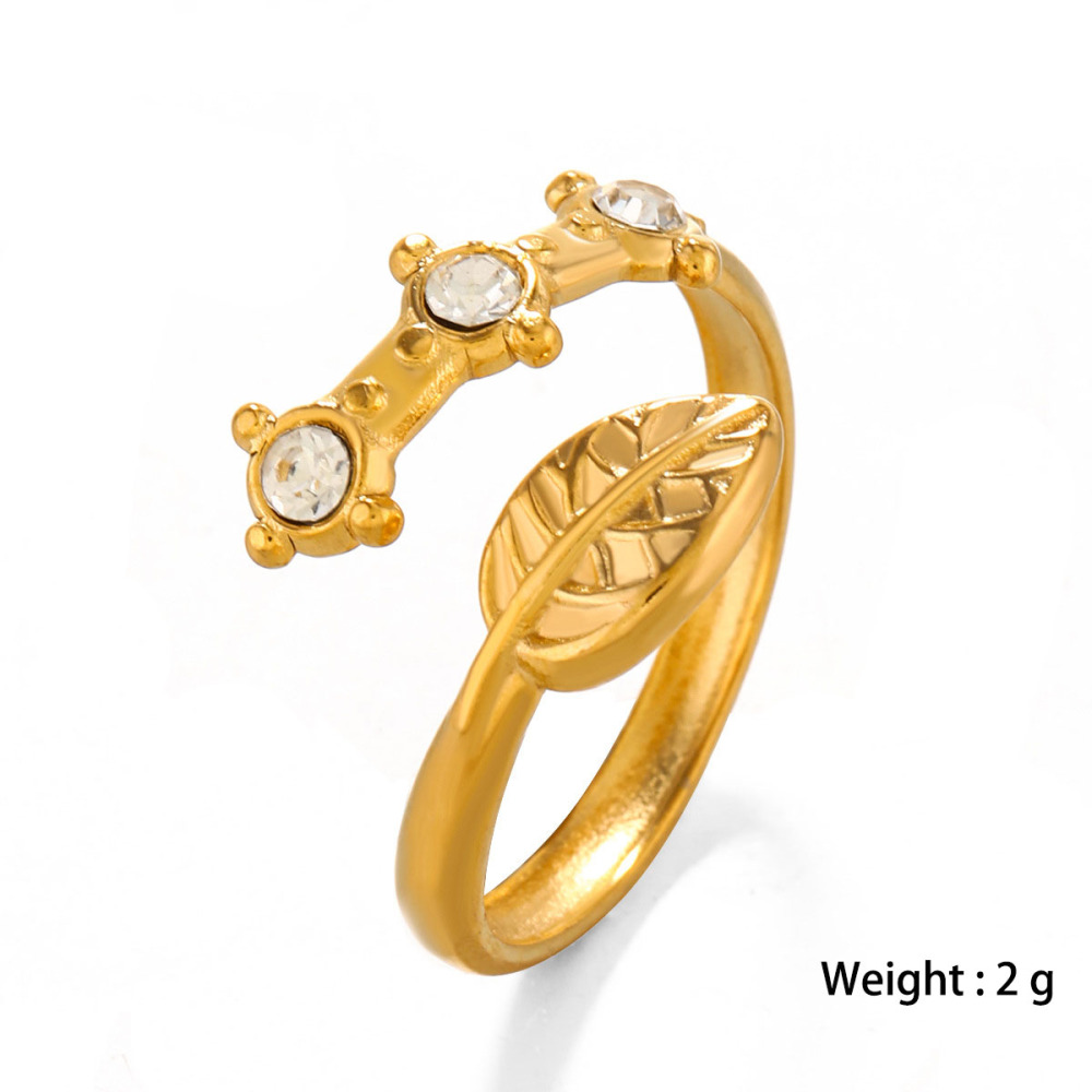 INS Style Leaf With Three Rhinestone Stainless Steel Crossover Ring