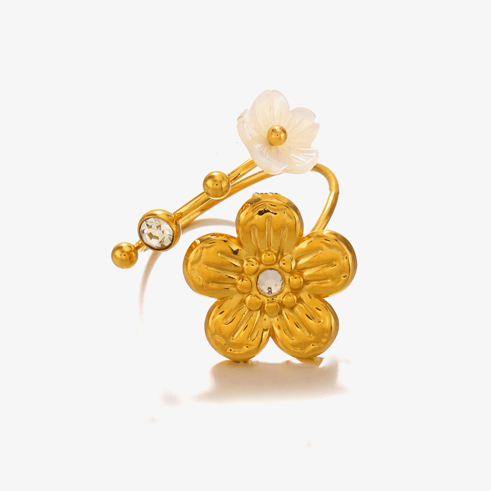 Elegant Flower Shell Stainless Steel Bypass Ring with Rhinestone