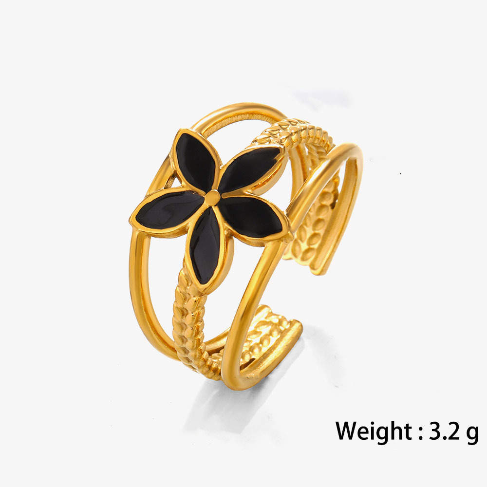 INS Style 18k Gold Floral Enamel Stainless Steel Open  Ring