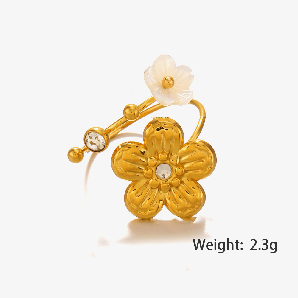 Elegant Flower Shell Stainless Steel Bypass Ring with Rhinestone