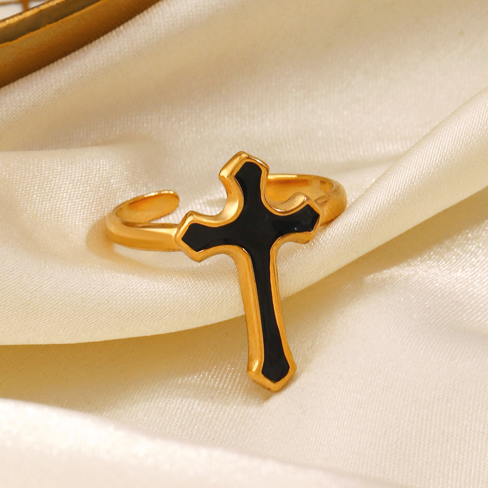 Classic Polishing Enamel Cross Open Ring in Stainless Steel