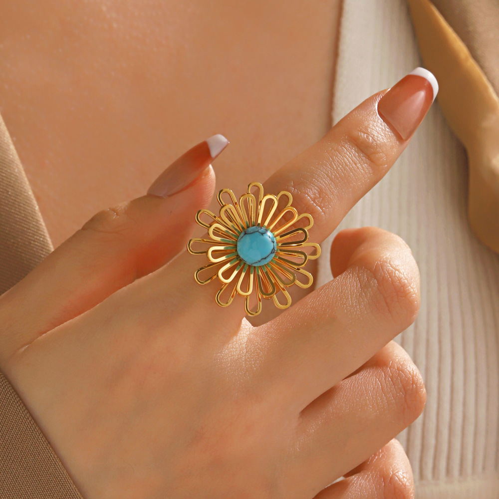 Glamorous Flower 18K Stainless Steel Open Ring with Turquoise
