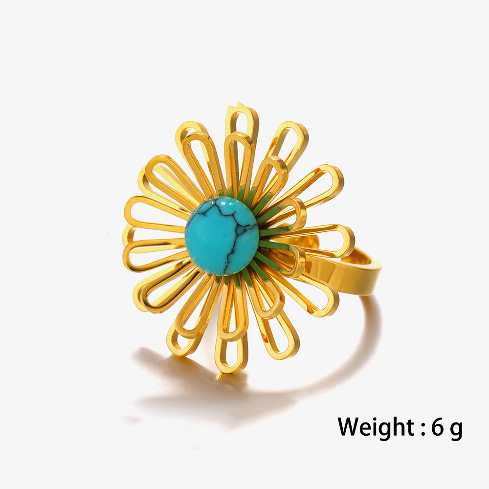Glamorous Flower 18K Stainless Steel Open Ring with Turquoise