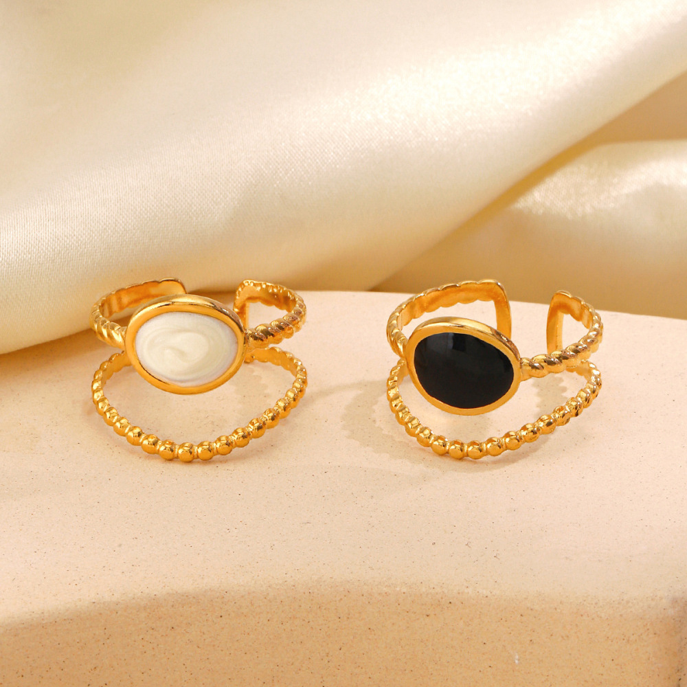 18K Gold Plated Line & Oval Enameled Stainless Steel Ring