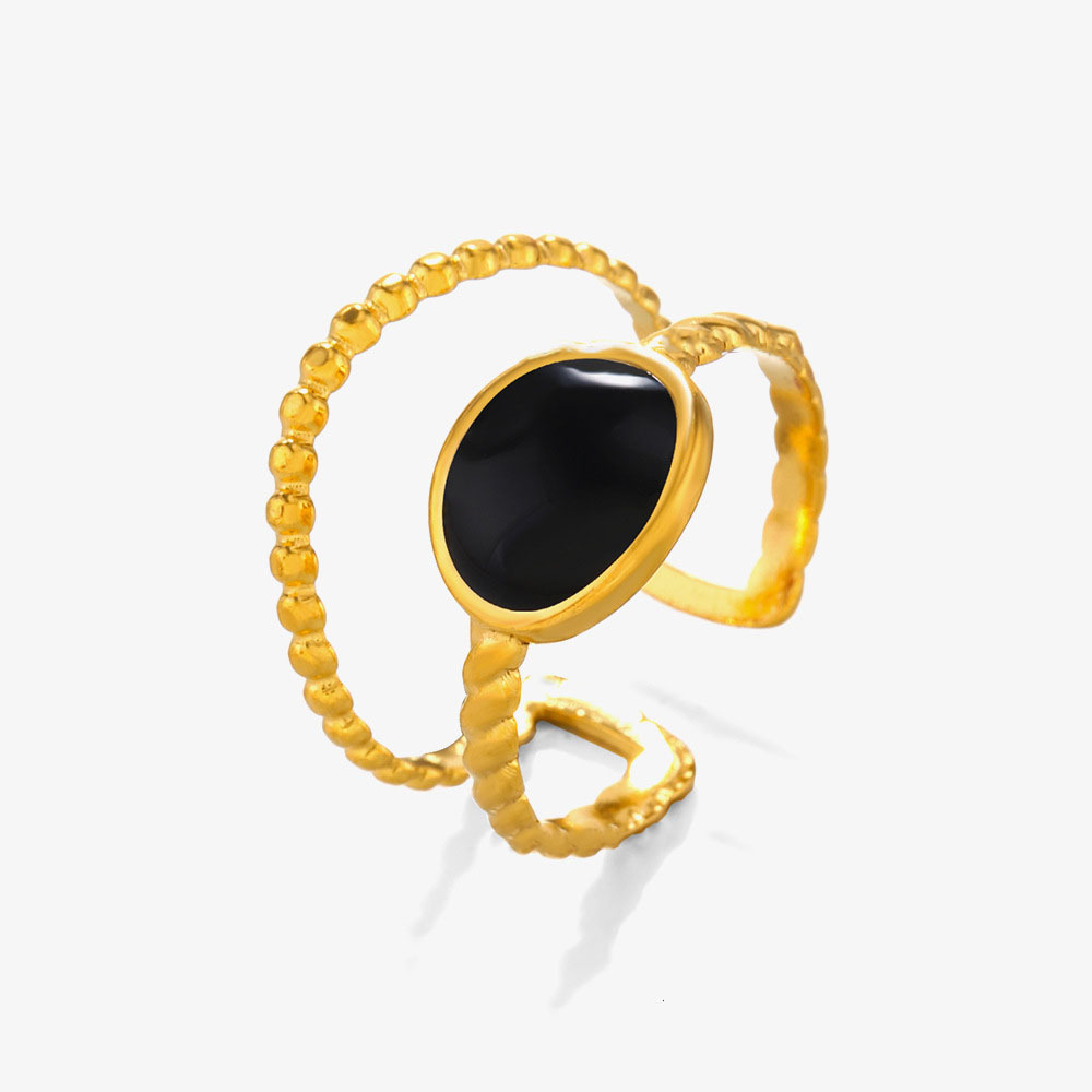 18K Gold Plated Line & Oval Enameled Stainless Steel Ring