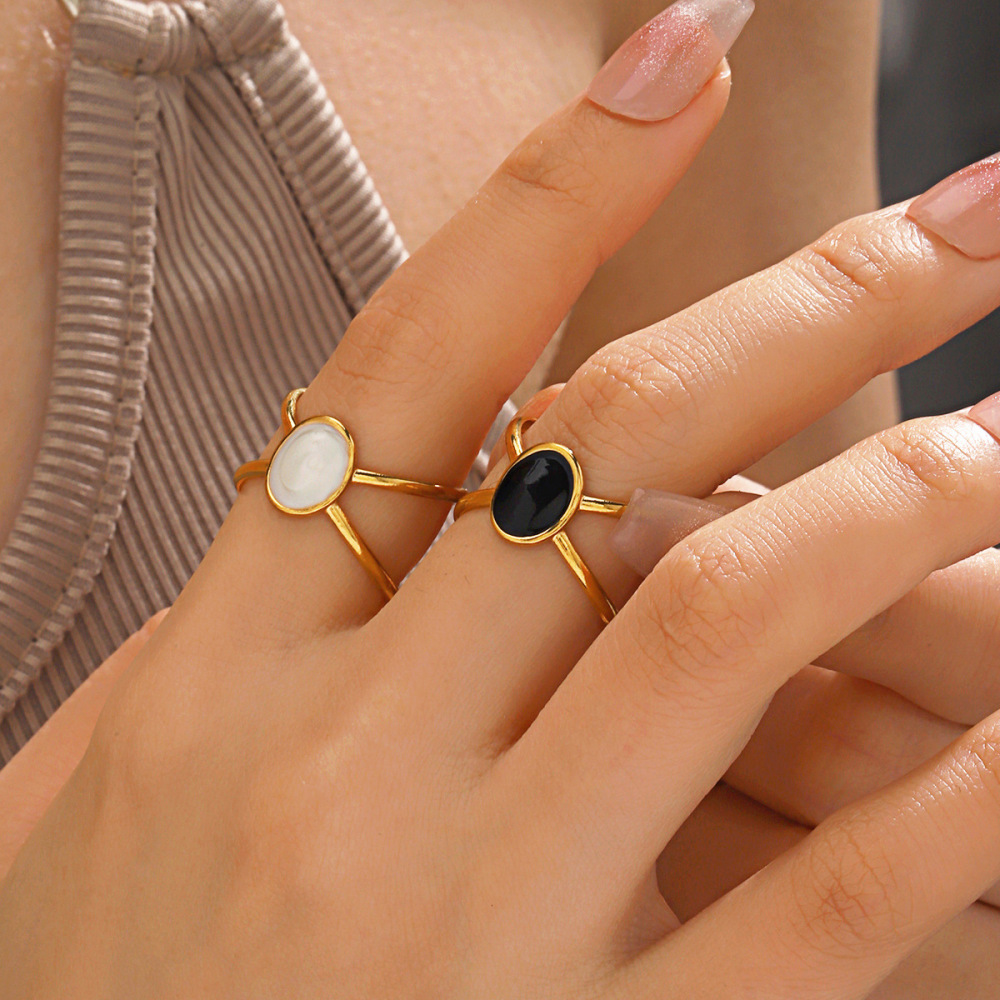 PVD plated Line Crossover & Oval Enamel Stainless Steel Ring