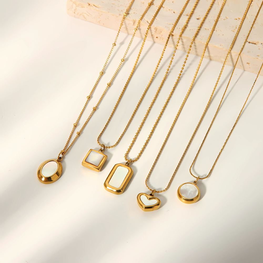 Gold Plated Beaded Chains Stainless Steel Oval Shell Pendant Necklace