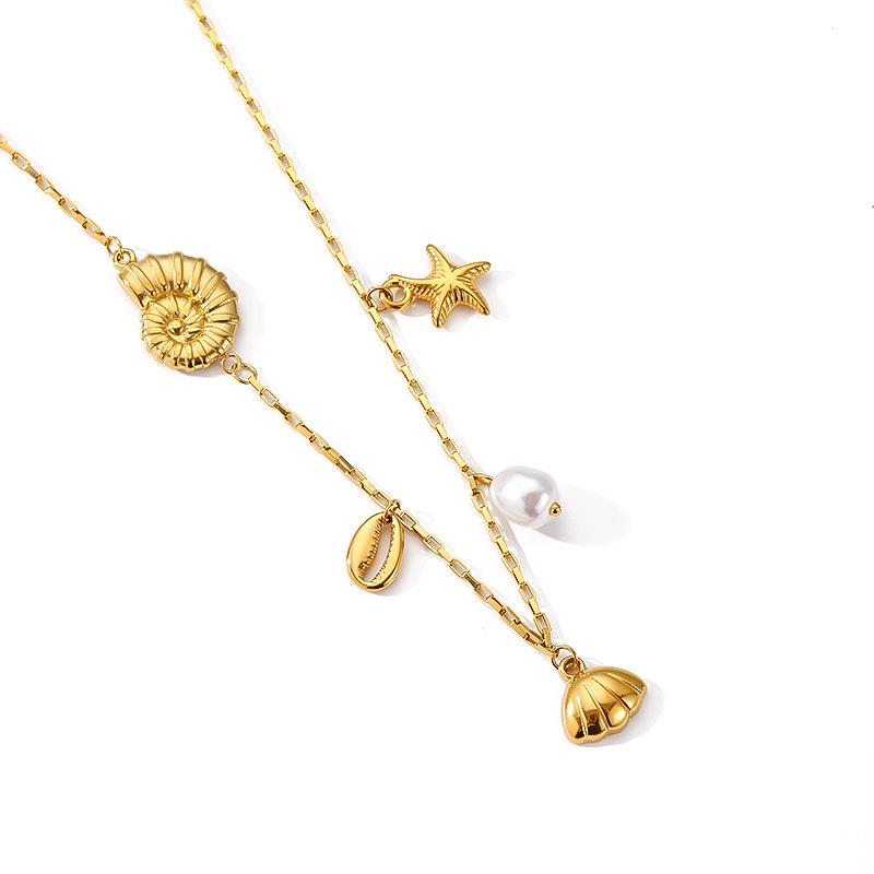 Marine Style Stainless Steel Charm Necklace with Pearl and Whelks Charm