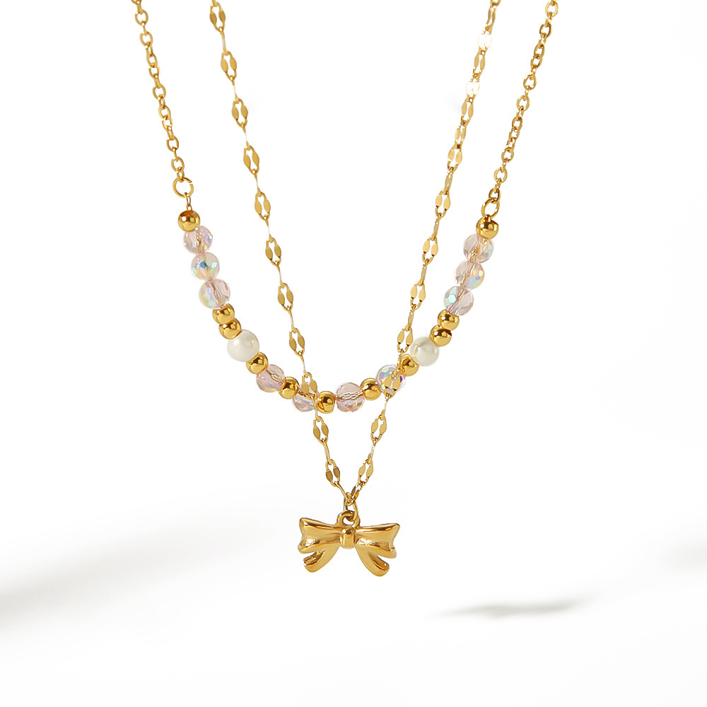 Romantic Bow Tie Charm Stainless Steel Multi-Layer Necklace with Bead