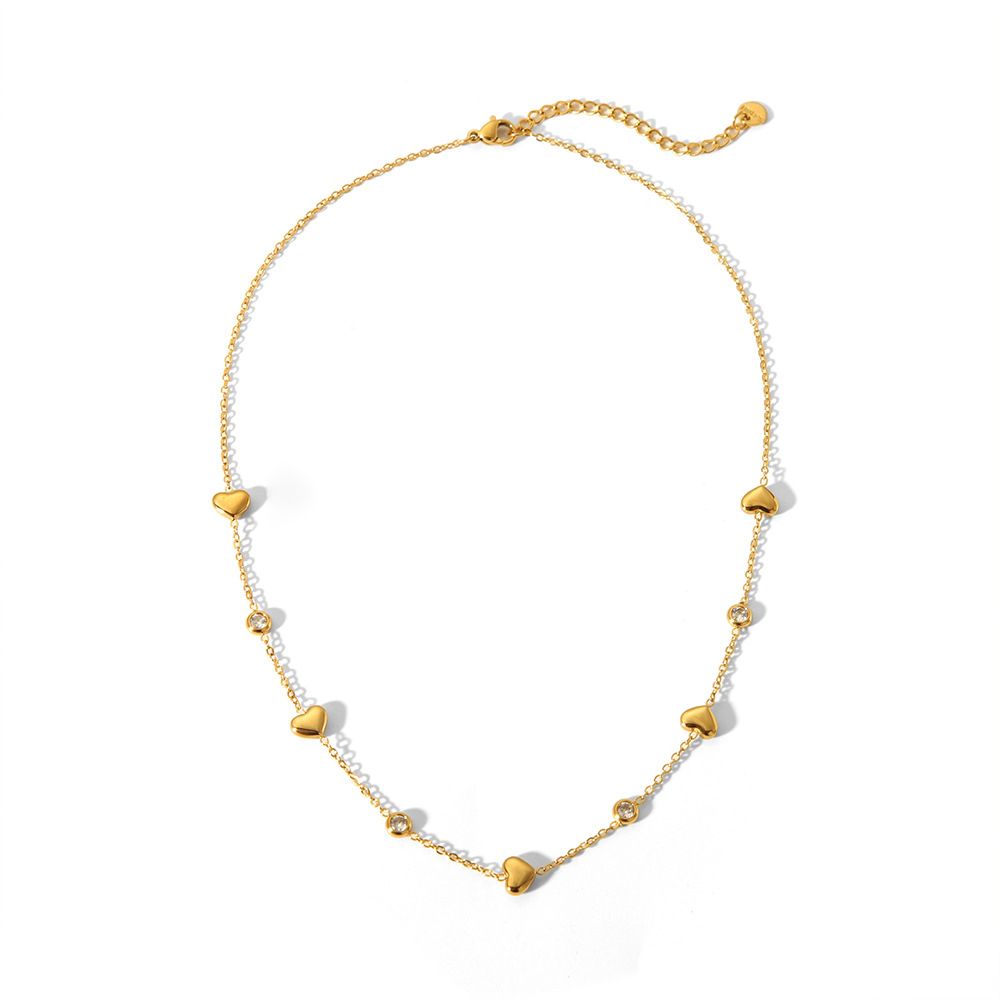 Mixed Heart and Zircon Station Necklace in Gold Plated Stainless Steel
