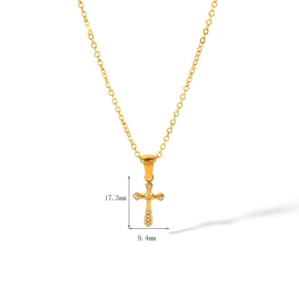 Studded Rhinestone Cross Pendant Necklace in Gold Plated Stainless Steel