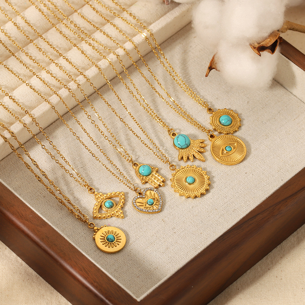 Round Turquoise Pendant  Necklace Stainless Steel