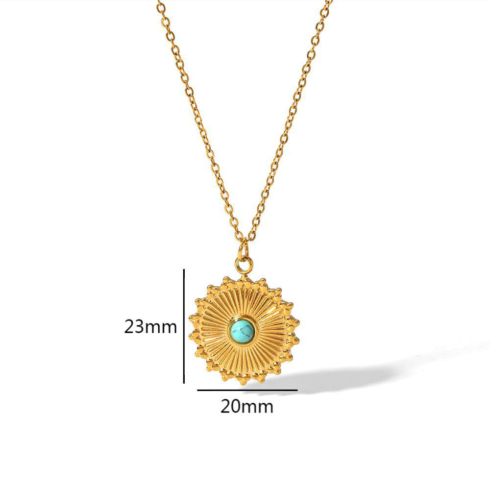 18k Round Pendant with Turquoise Necklace in Stainless Steel