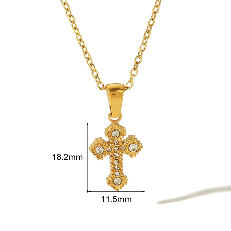 Stainless Steel Polka-Dot border Cross Pendant Necklace with Rhinestones
