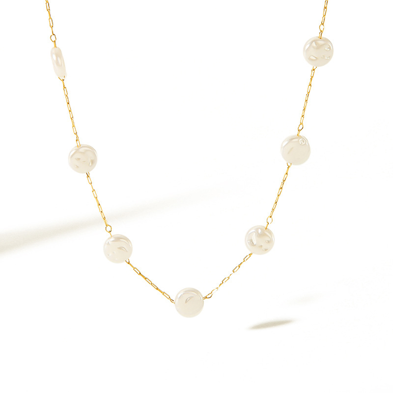 Chic Stainless Steel Baroque Pearl Station Necklace