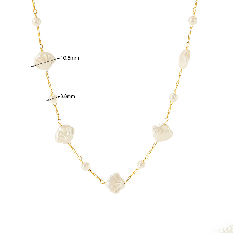 Shell and Pearl Station Necklace in 316L Stainless Steel