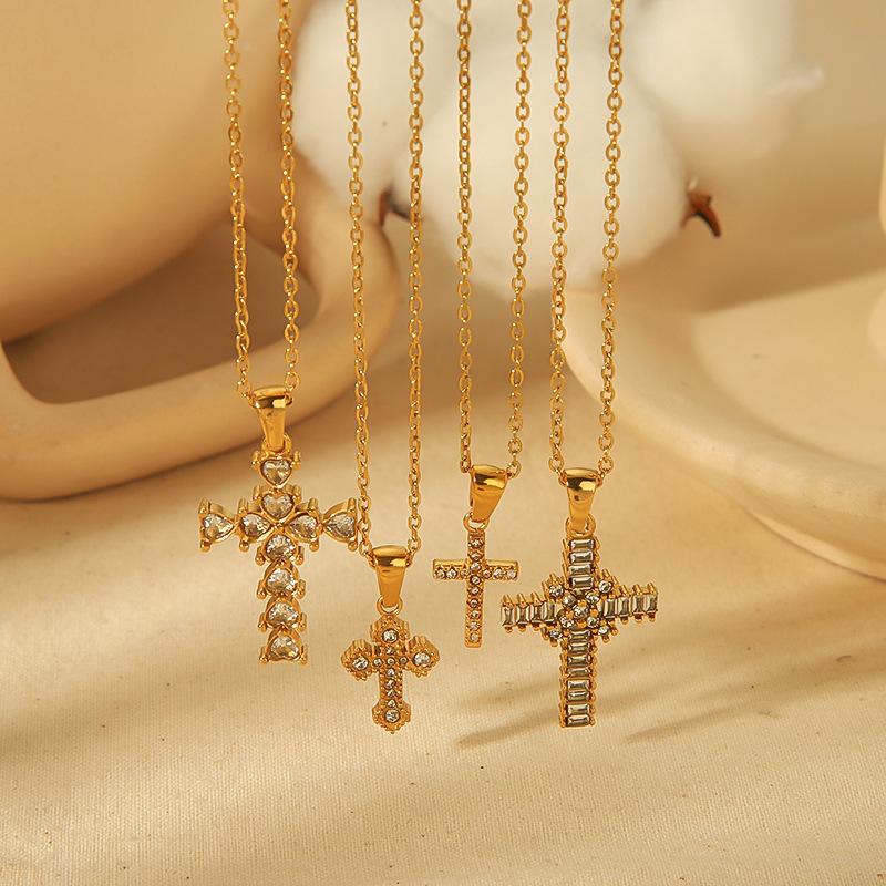 Stainless Steel Polka-Dot border Cross Pendant Necklace with Rhinestones