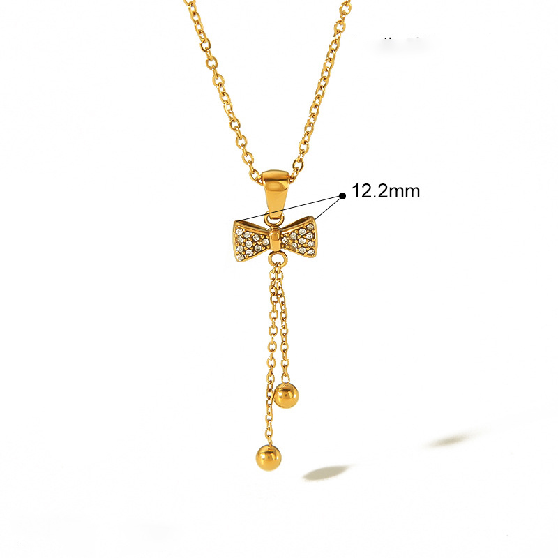 Bow Tie Chain Sautoir Necklace with Rhinestone in Stainless Steel