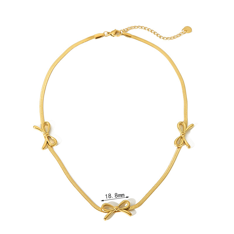 French Style Snake Chain 3 Bowknot Station Necklace in Stainless Steel