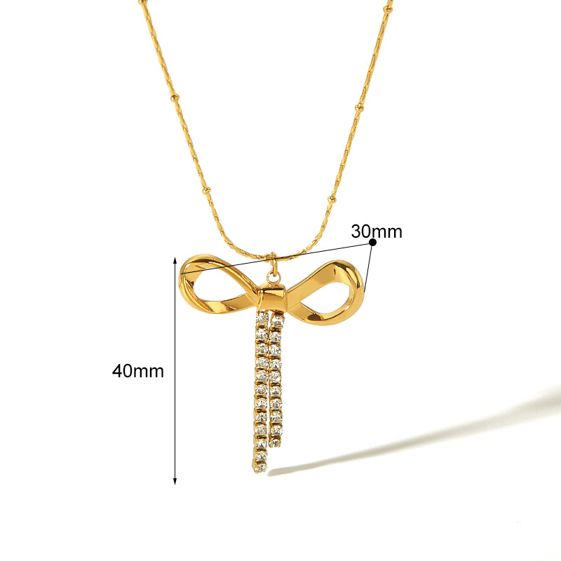 PVD Coated Stainless Steel Studded Rhinestones Bow Pendant Necklace